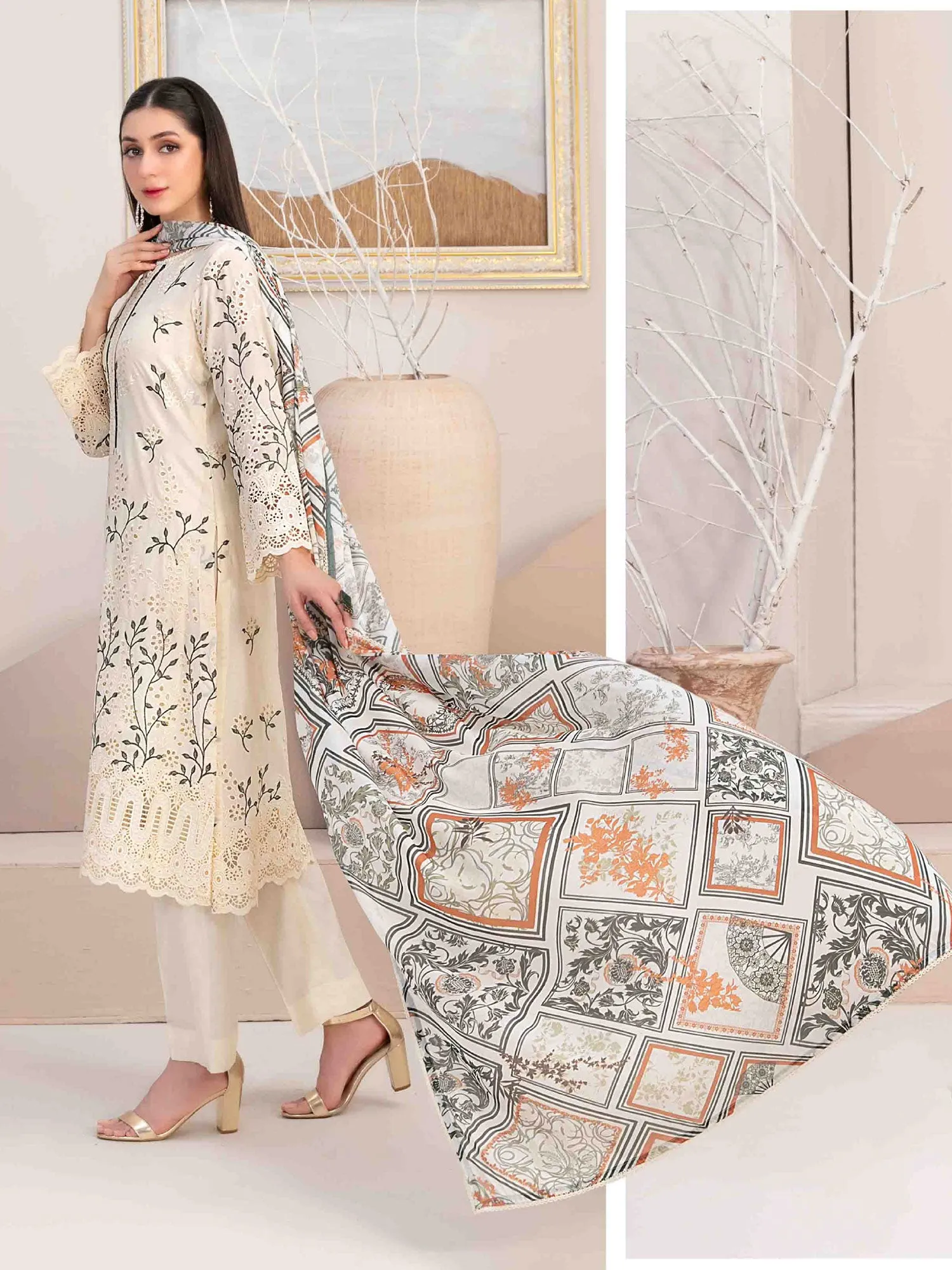 Tawakkal "Mehri" Fancy Embroidered Lawn Suit (D3076) - Cream