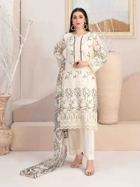 Tawakkal "Mehri" Fancy Embroidered Lawn Suit (D3076) - Cream