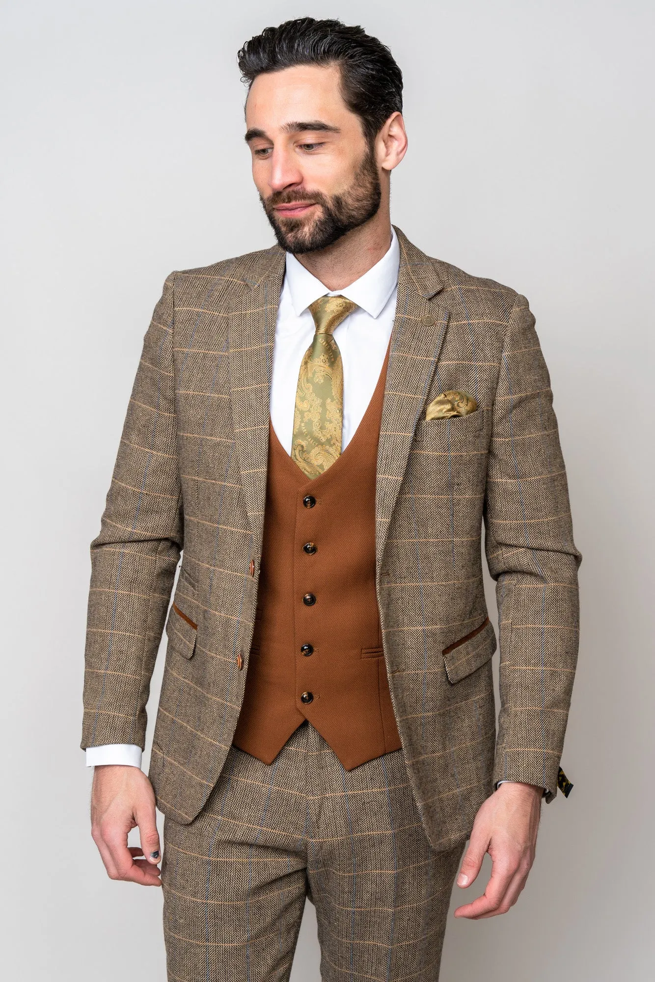 TED - Tan Tweed Check Suit with Kelvin Tan Waistcoat