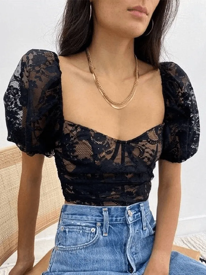 Uniwim ootd Cropped Lace Puff Sleeve Blouse