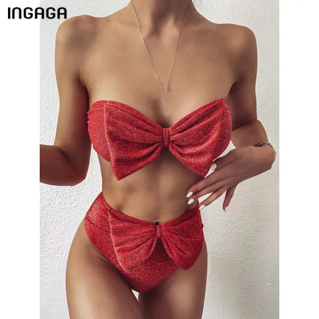 VenusFox  Bandeau Bikinis 2021 Swimwear Women's Swimsuits High Waist Biquini Shiny Bow Bikini Set Sexy Strapless Bathing Suit Women