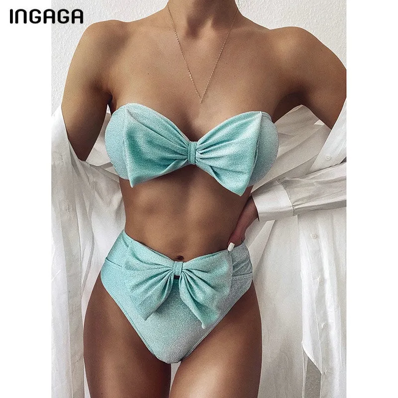 VenusFox  Bandeau Bikinis 2021 Swimwear Women's Swimsuits High Waist Biquini Shiny Bow Bikini Set Sexy Strapless Bathing Suit Women