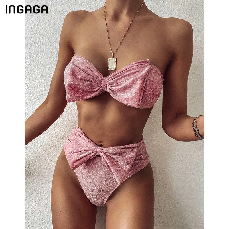 VenusFox  Bandeau Bikinis 2021 Swimwear Women's Swimsuits High Waist Biquini Shiny Bow Bikini Set Sexy Strapless Bathing Suit Women