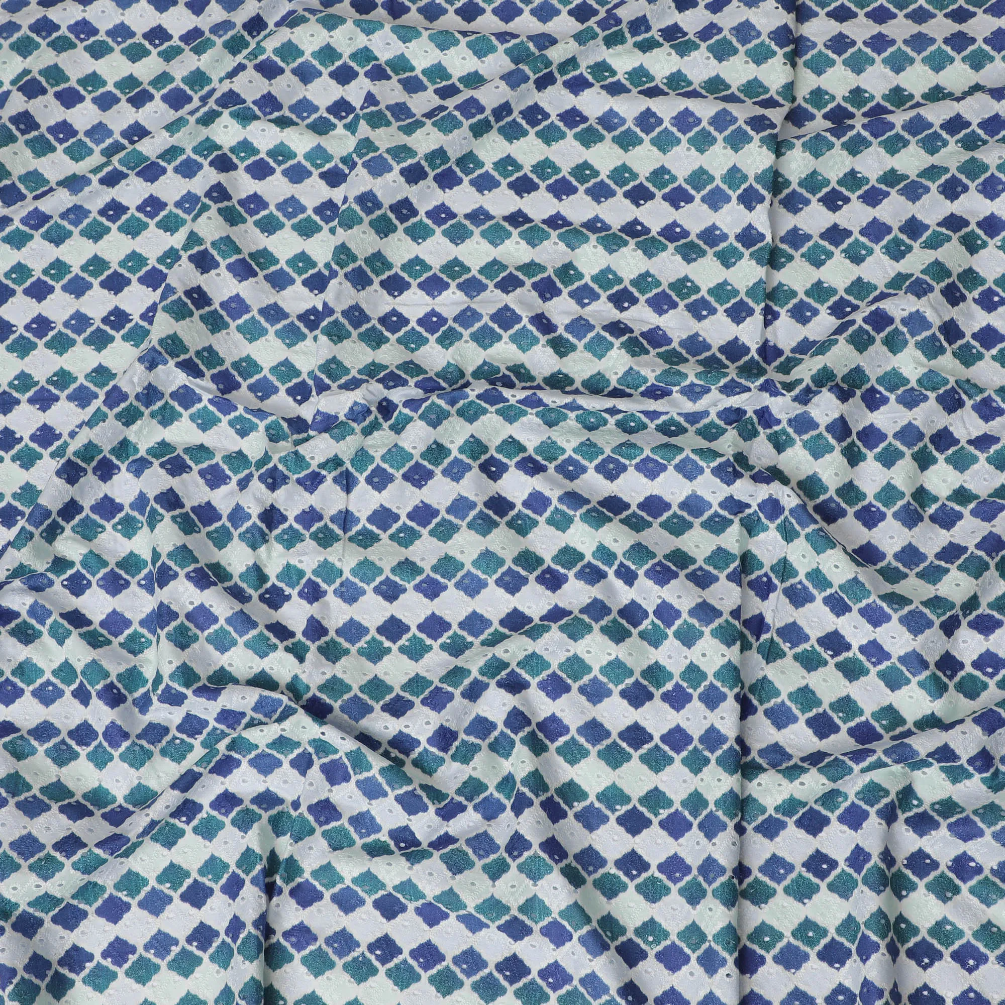 Vibrant Blue and Green Geometric blended Cotton Lawn Fabric with Embroidery - 110 cm Wide - D19596