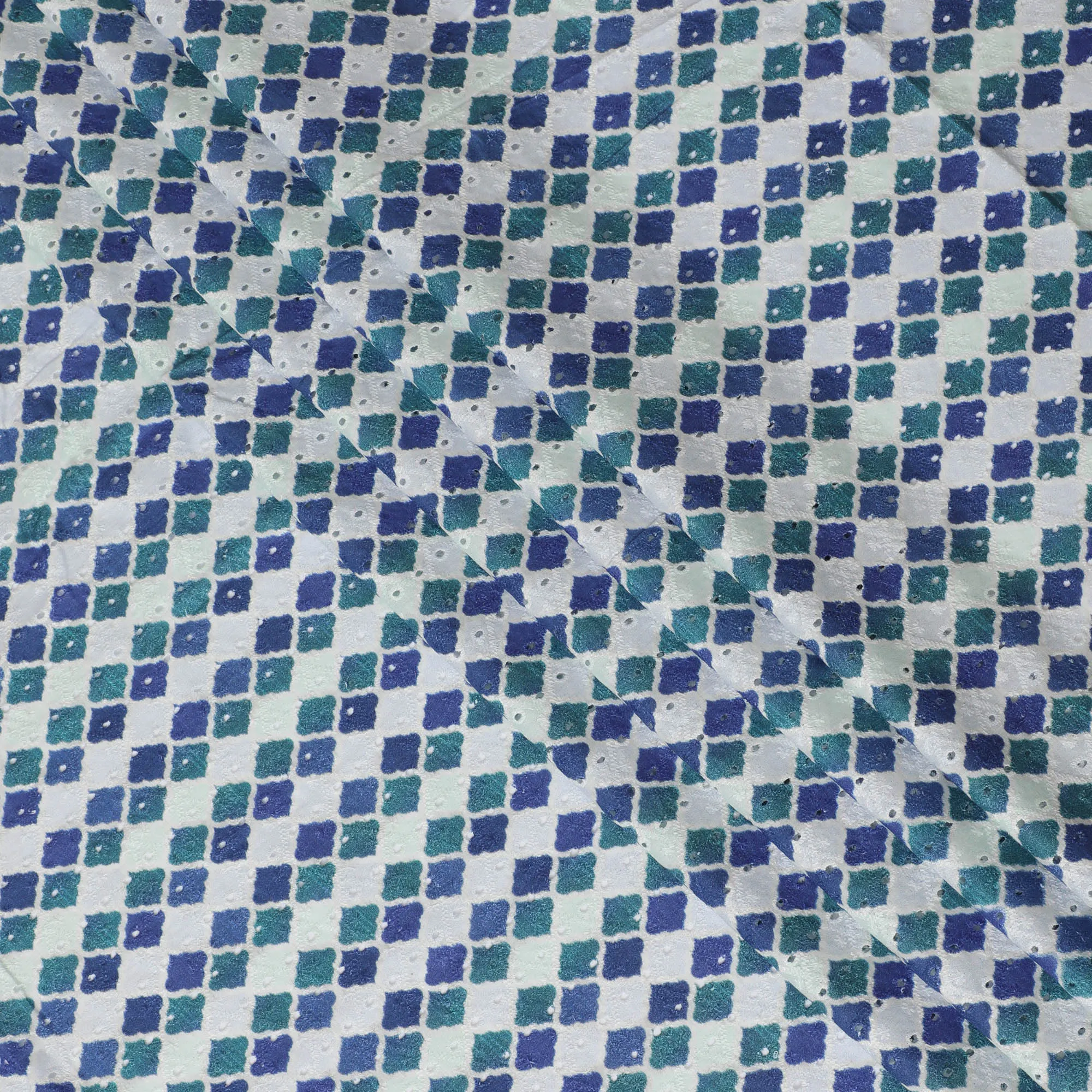 Vibrant Blue and Green Geometric blended Cotton Lawn Fabric with Embroidery - 110 cm Wide - D19596