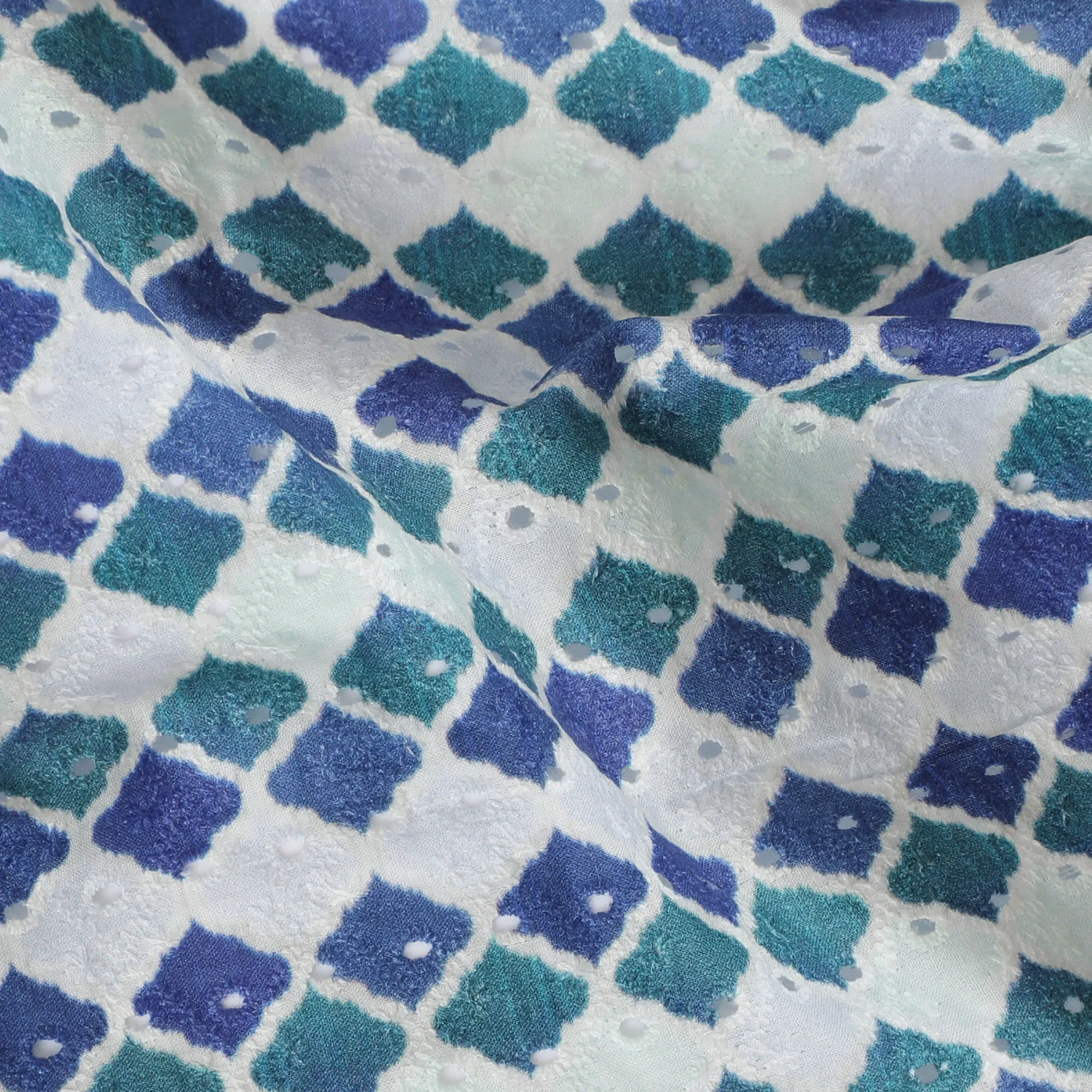 Vibrant Blue and Green Geometric blended Cotton Lawn Fabric with Embroidery - 110 cm Wide - D19596