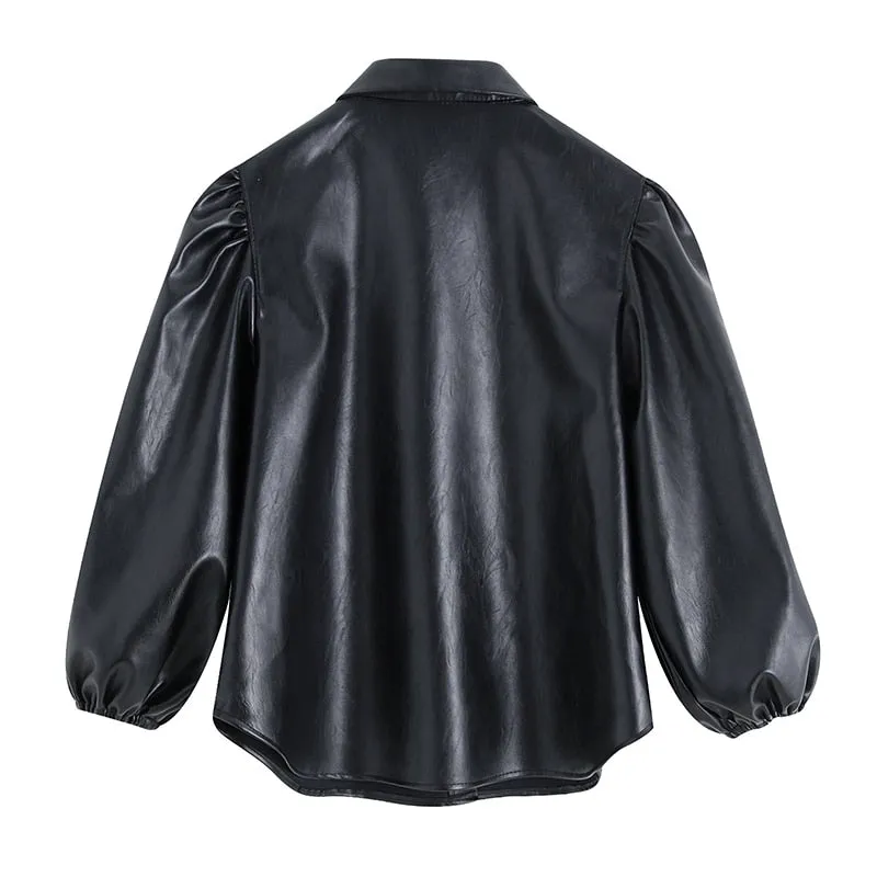 Vintage Black PU Faux Leather Blouse Shirt Women