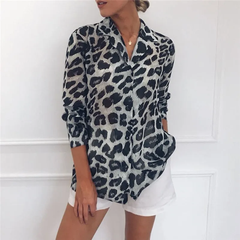 Vintage Blouse Long Sleeve Sexy Leopard Print