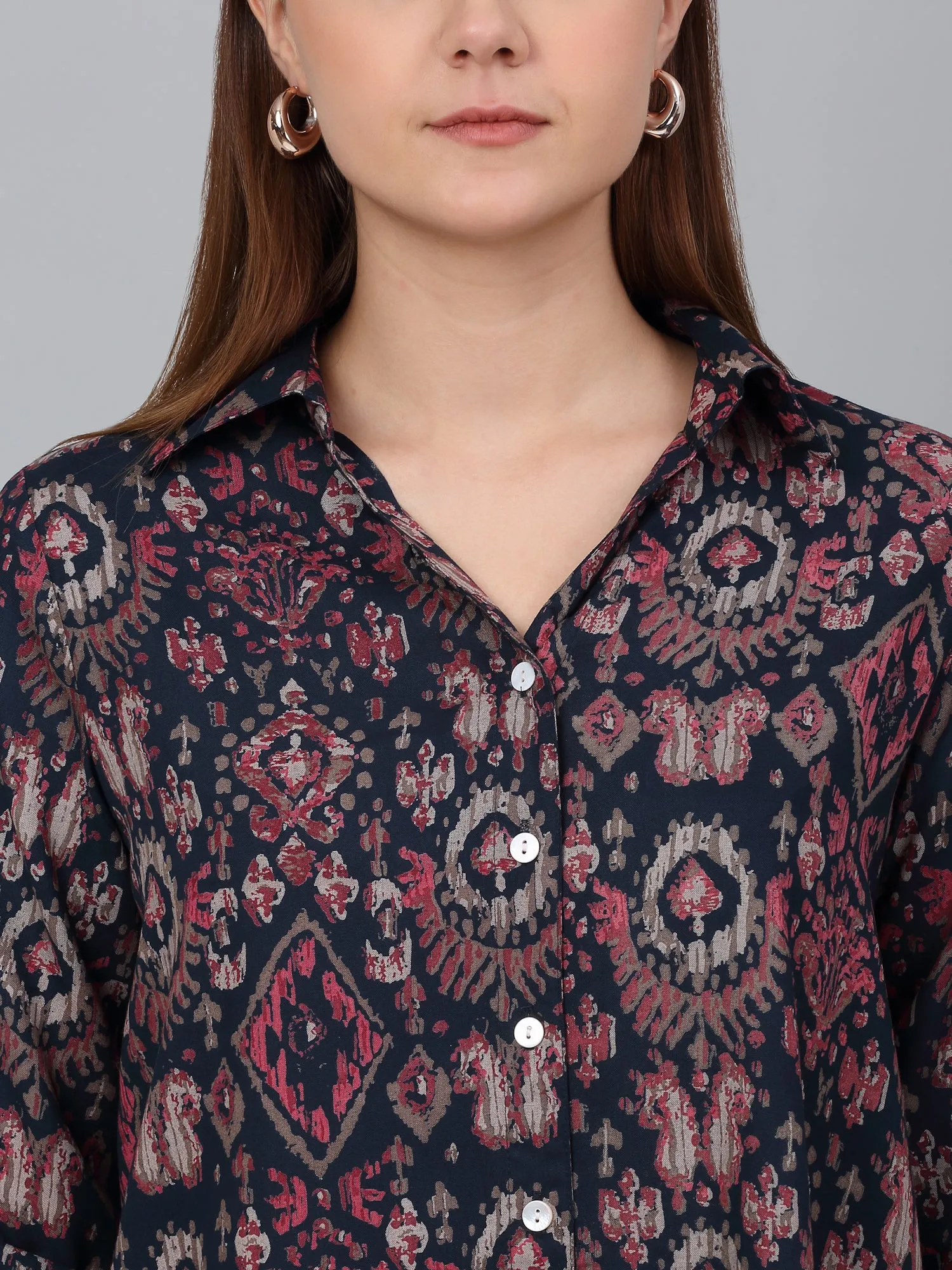 Women Multicolor Printed Spread Collar Casual Tunic