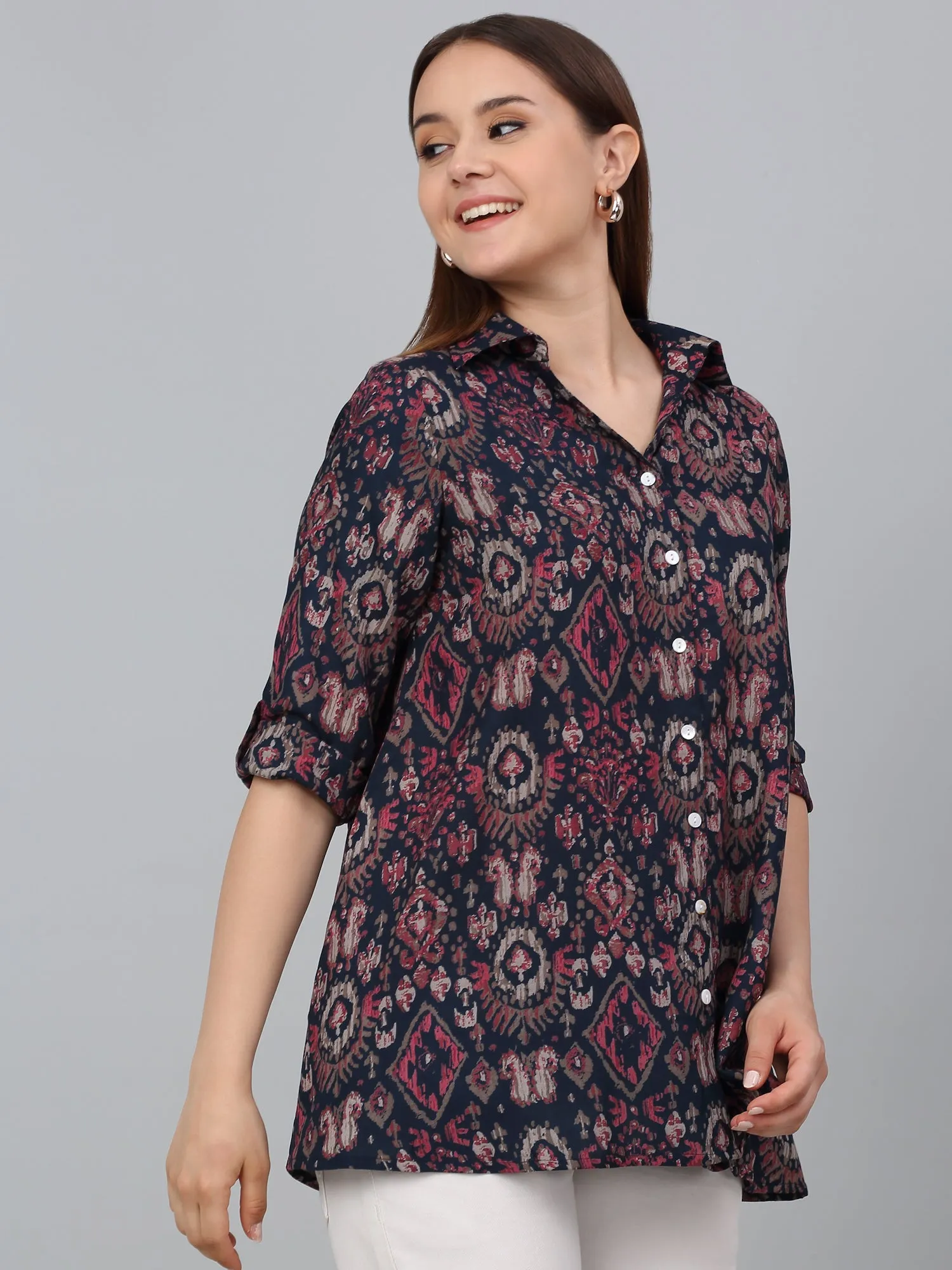 Women Multicolor Printed Spread Collar Casual Tunic