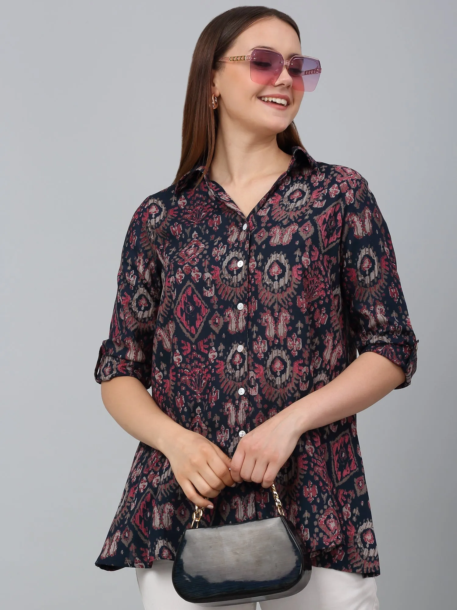 Women Multicolor Printed Spread Collar Casual Tunic