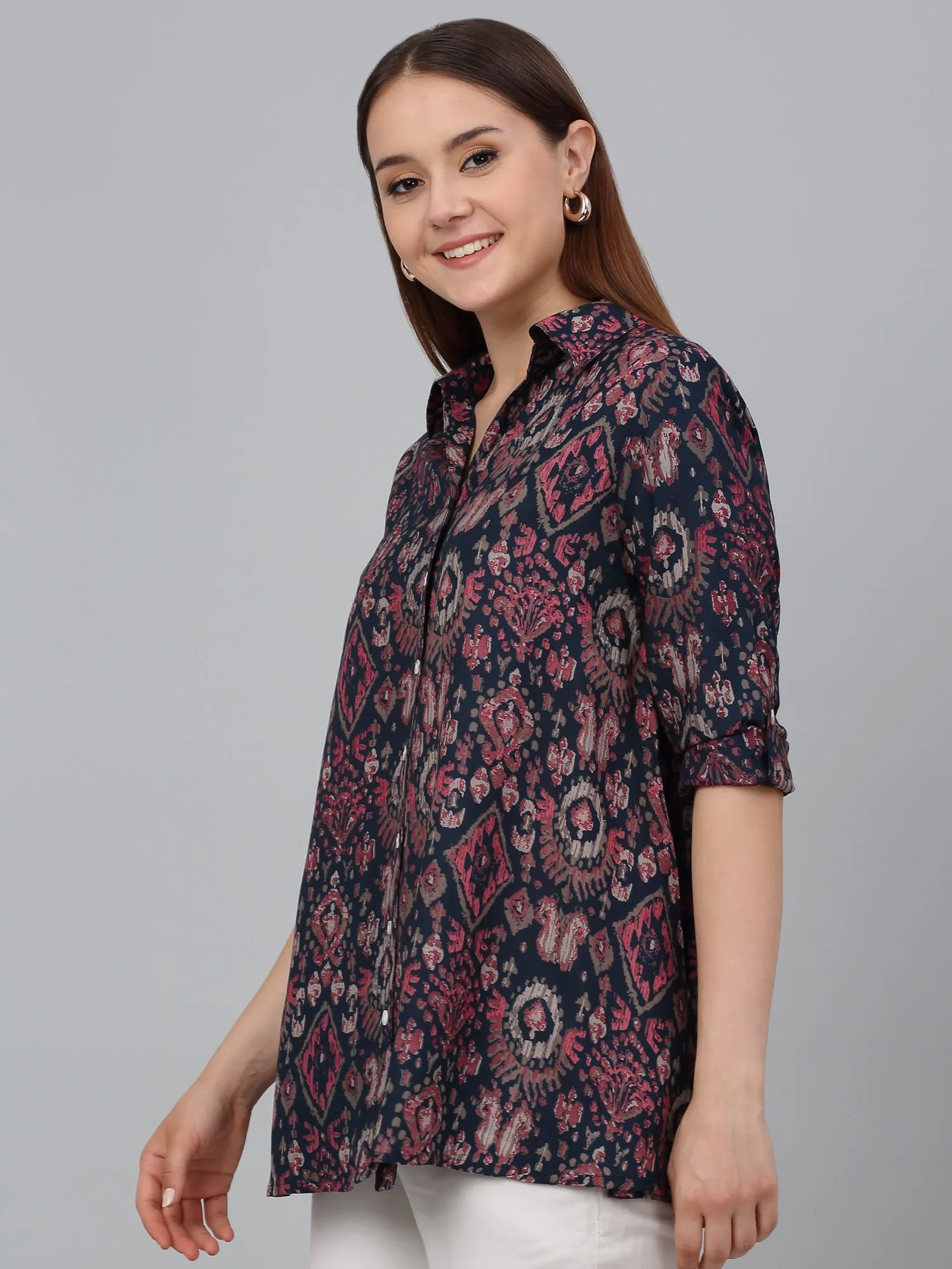 Women Multicolor Printed Spread Collar Casual Tunic