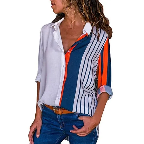 Women Striped Blouses Long Sleeve Chiffon Blouse