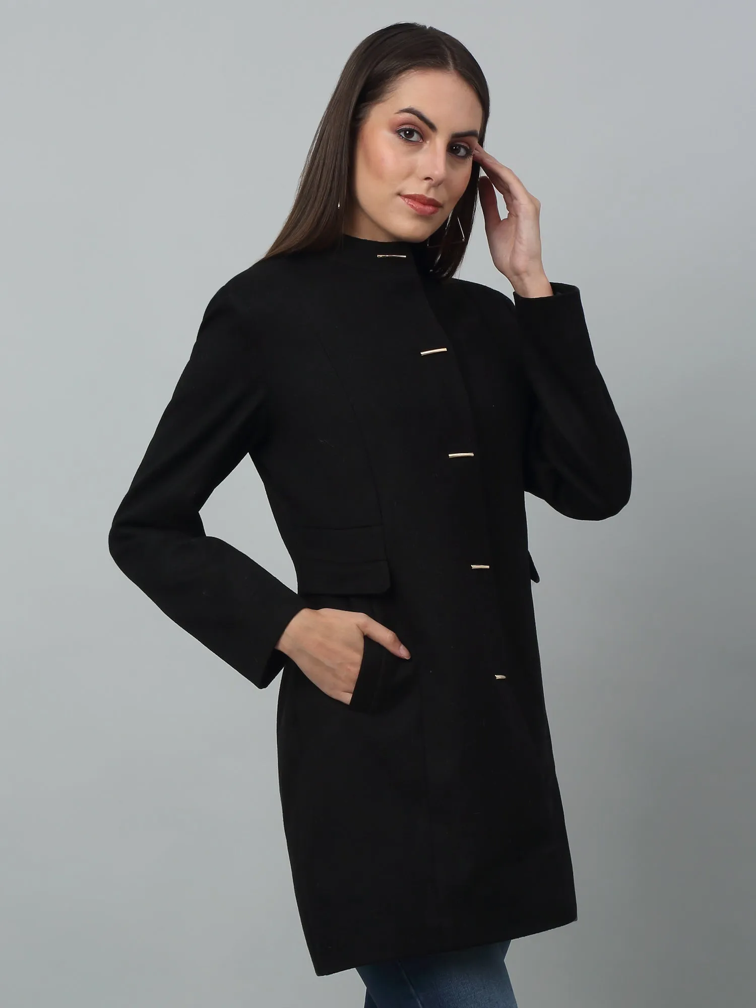 Women's Casual  Black Single breasted  Stand Collar Long Coat