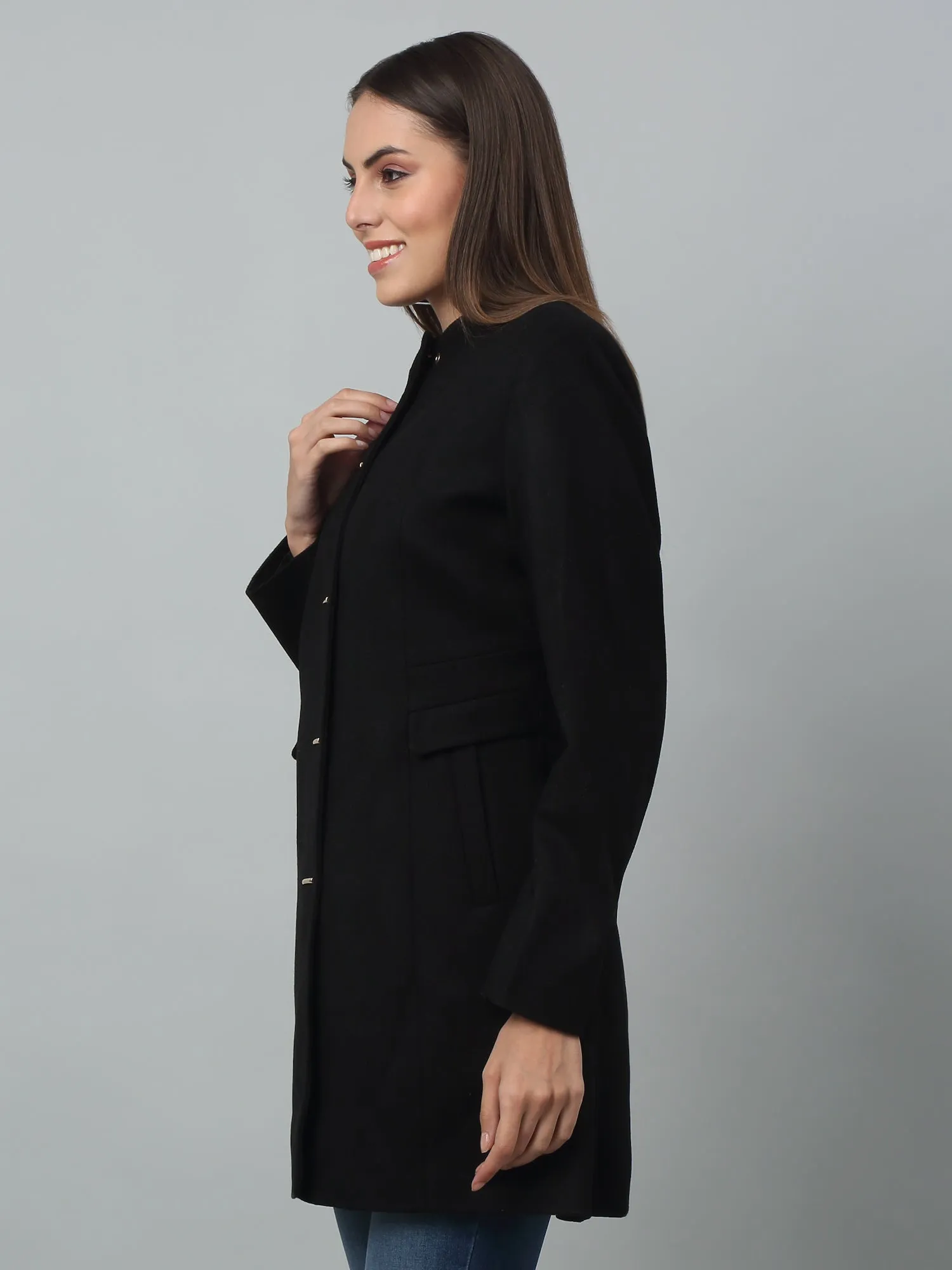 Women's Casual  Black Single breasted  Stand Collar Long Coat