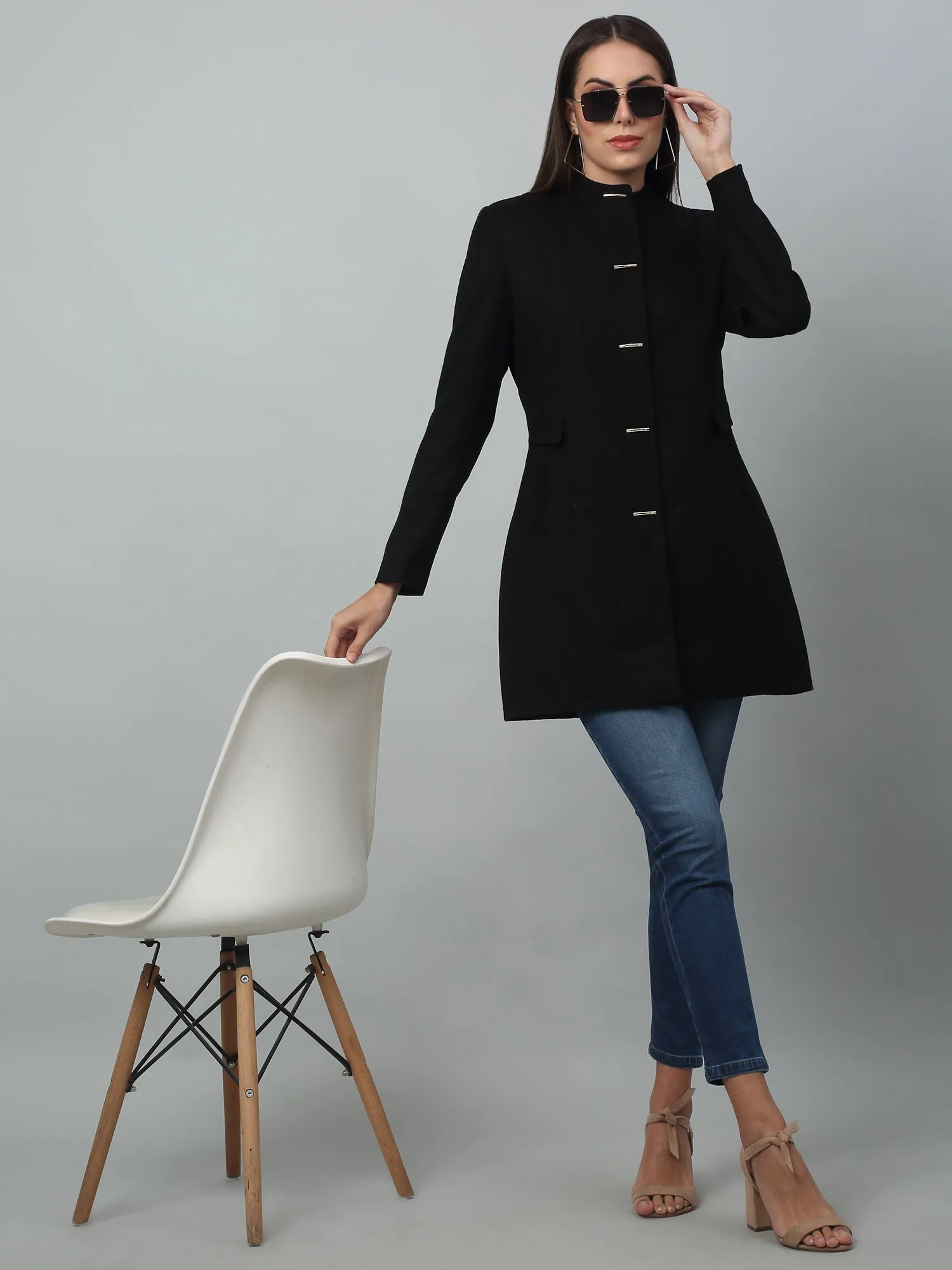 Women's Casual  Black Single breasted  Stand Collar Long Coat