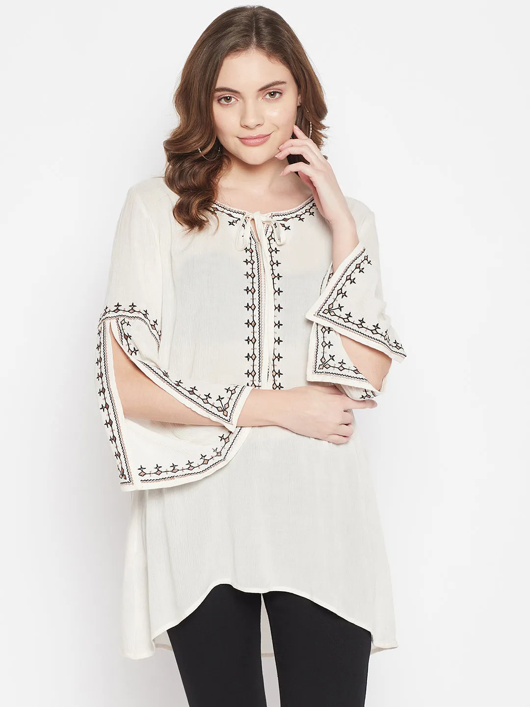 Women's Casual  Cream Embroidered Round neck with tie up Tunic