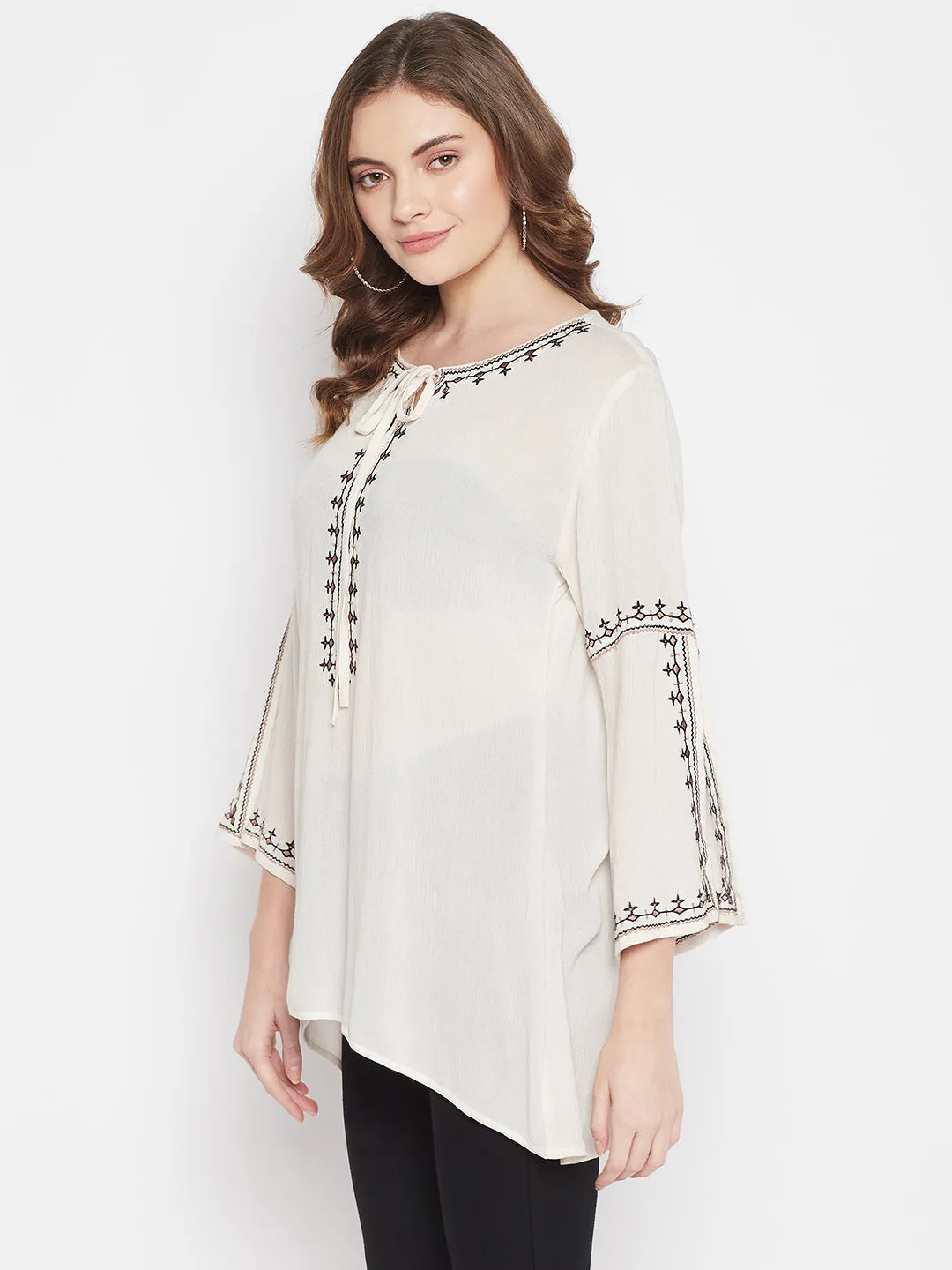 Women's Casual  Cream Embroidered Round neck with tie up Tunic