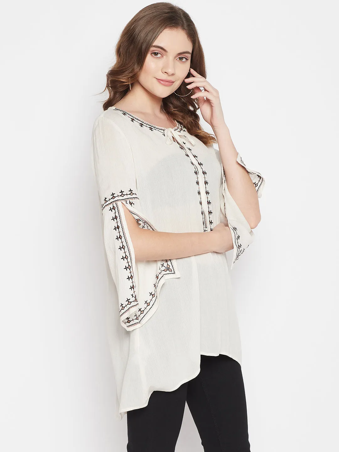 Women's Casual  Cream Embroidered Round neck with tie up Tunic