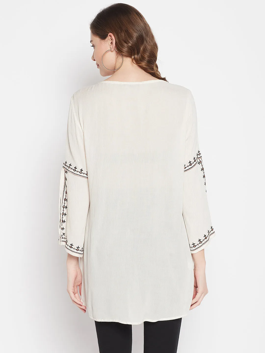 Women's Casual  Cream Embroidered Round neck with tie up Tunic