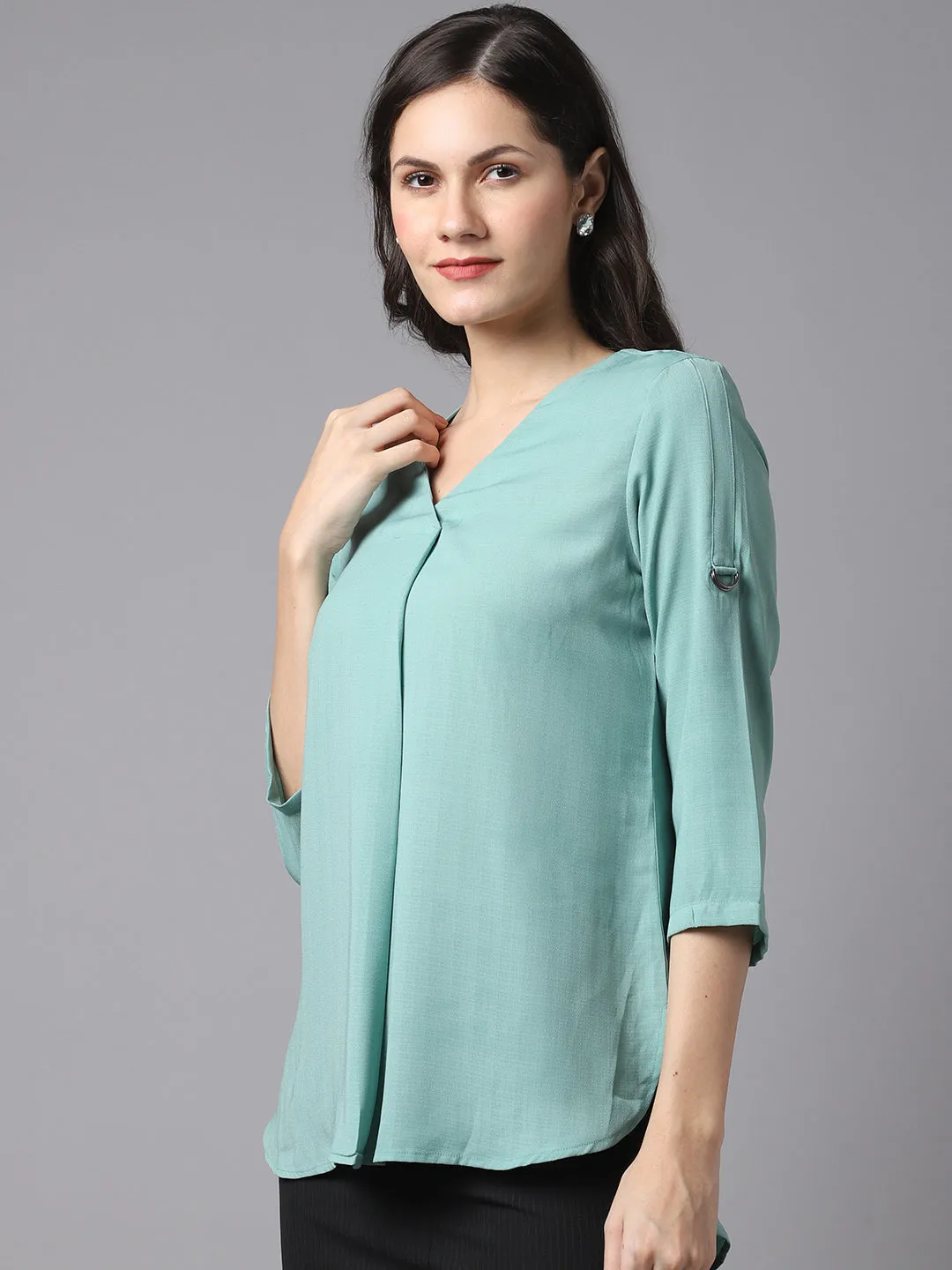 Women's Casual  Light Green Solid V neck Tunic