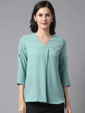 Women's Casual  Light Green Solid V neck Tunic