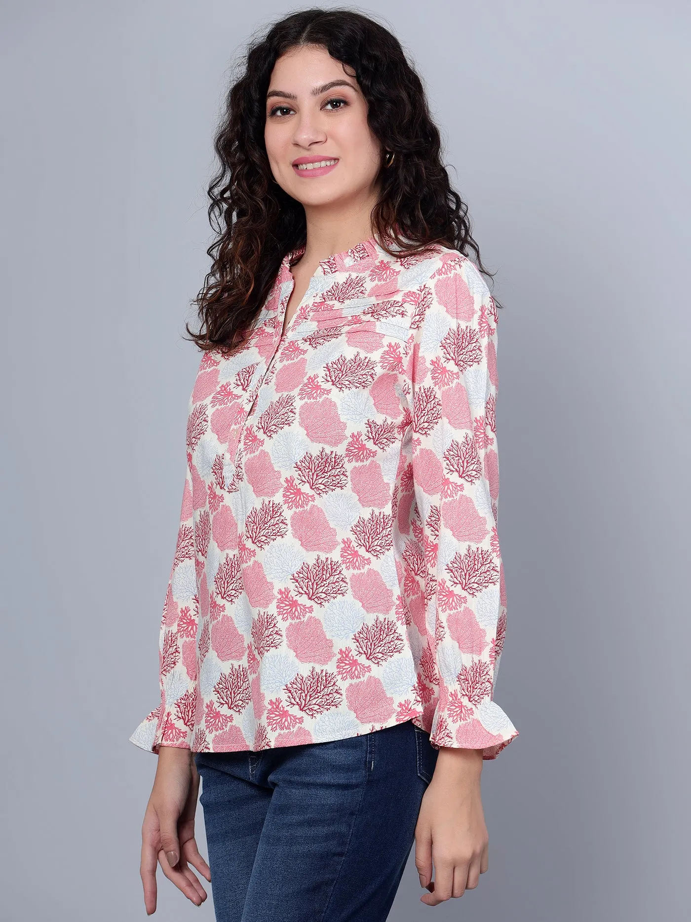 Women's Casual  Multi Color Floral Print Mandarin Collar Top