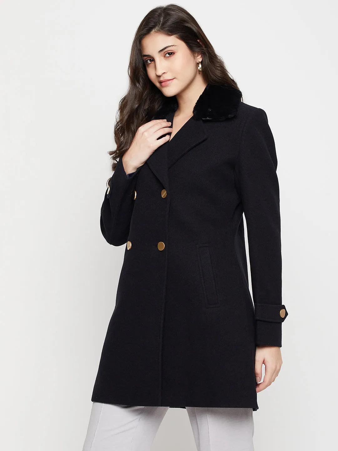 Women's Casual  Navy Blue Double breasted Notched Lapel Collar with Faux Fur insert Long Coat