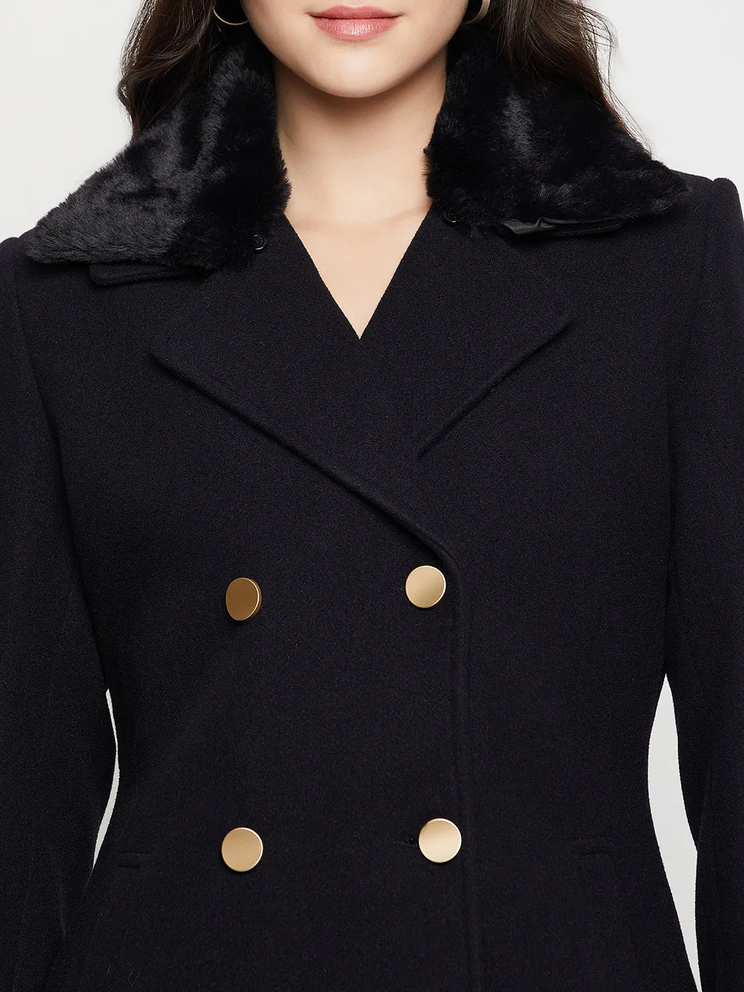 Women's Casual  Navy Blue Double breasted Notched Lapel Collar with Faux Fur insert Long Coat