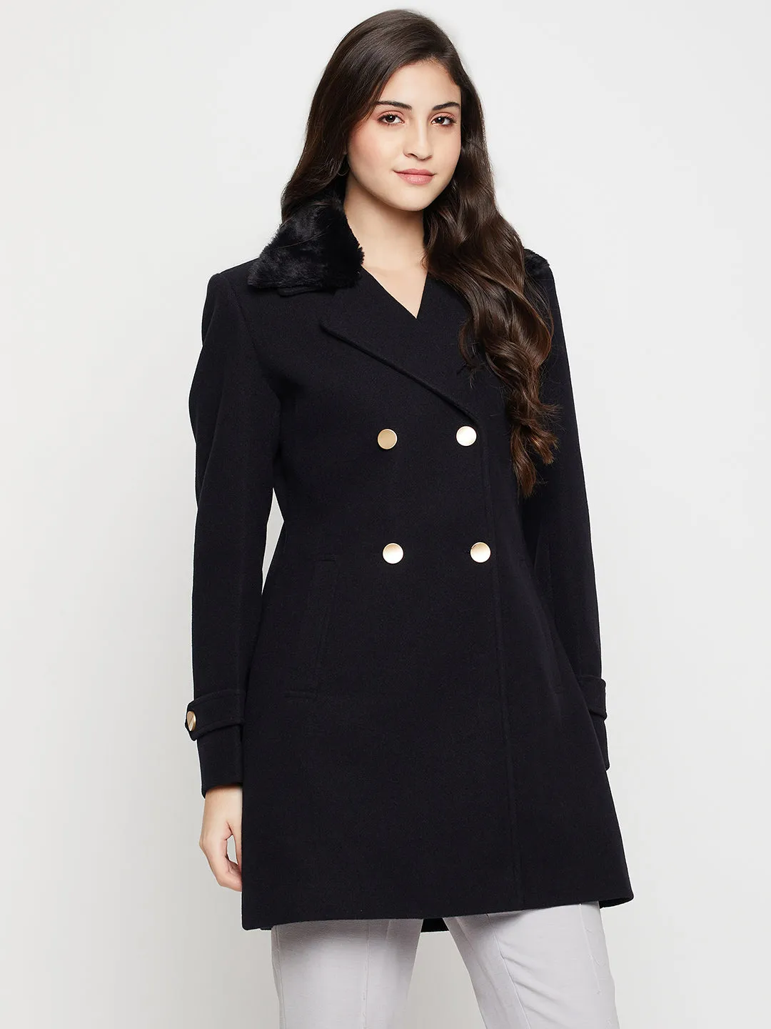 Women's Casual  Navy Blue Double breasted Notched Lapel Collar with Faux Fur insert Long Coat