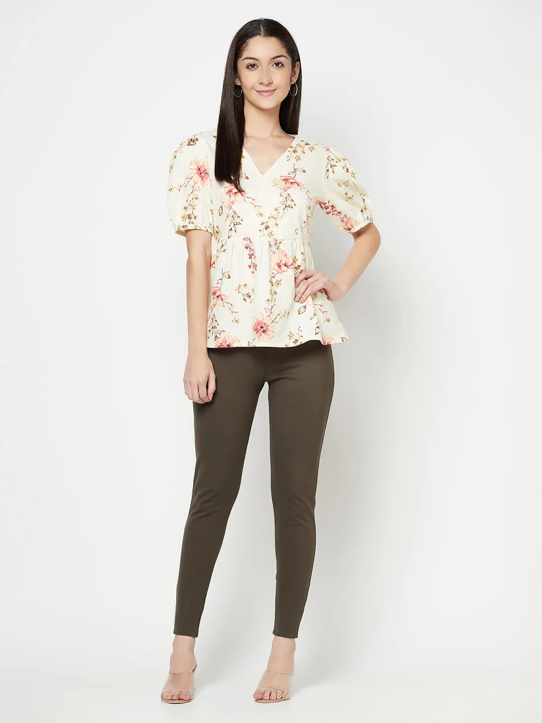 Women's Casual  Offwhite Floral Print V neck Top