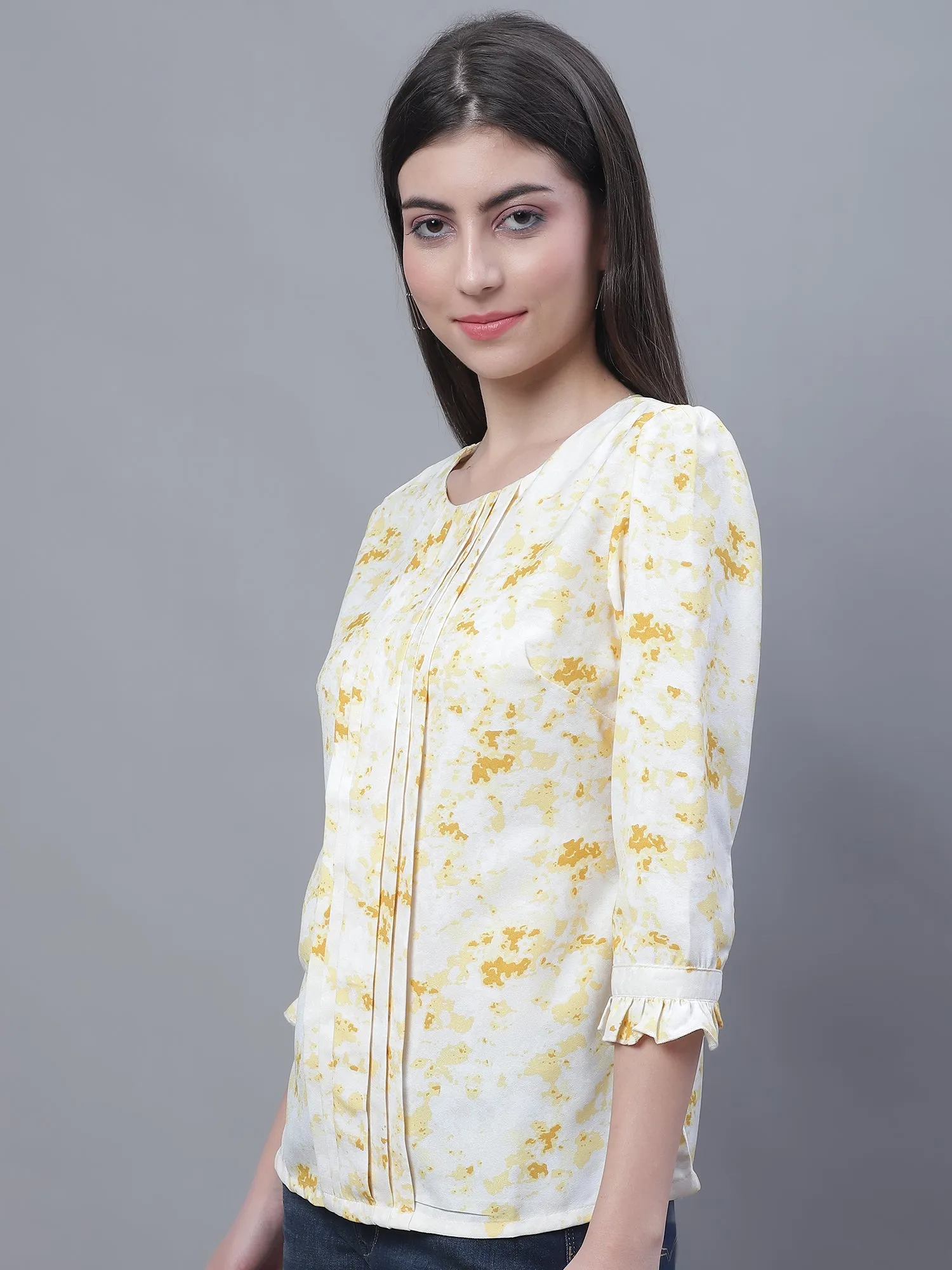 Women's Casual  Yellow Marble Print Round neck Top