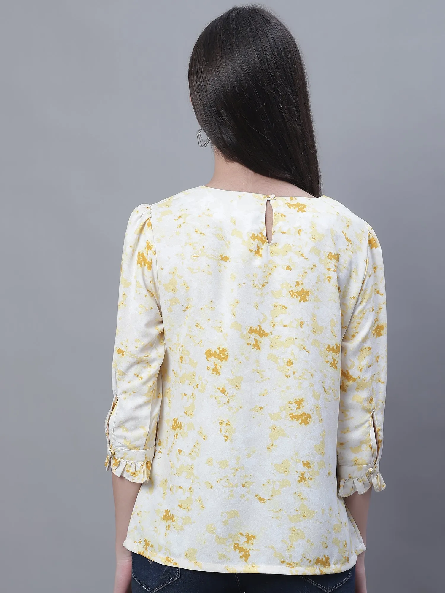 Women's Casual  Yellow Marble Print Round neck Top