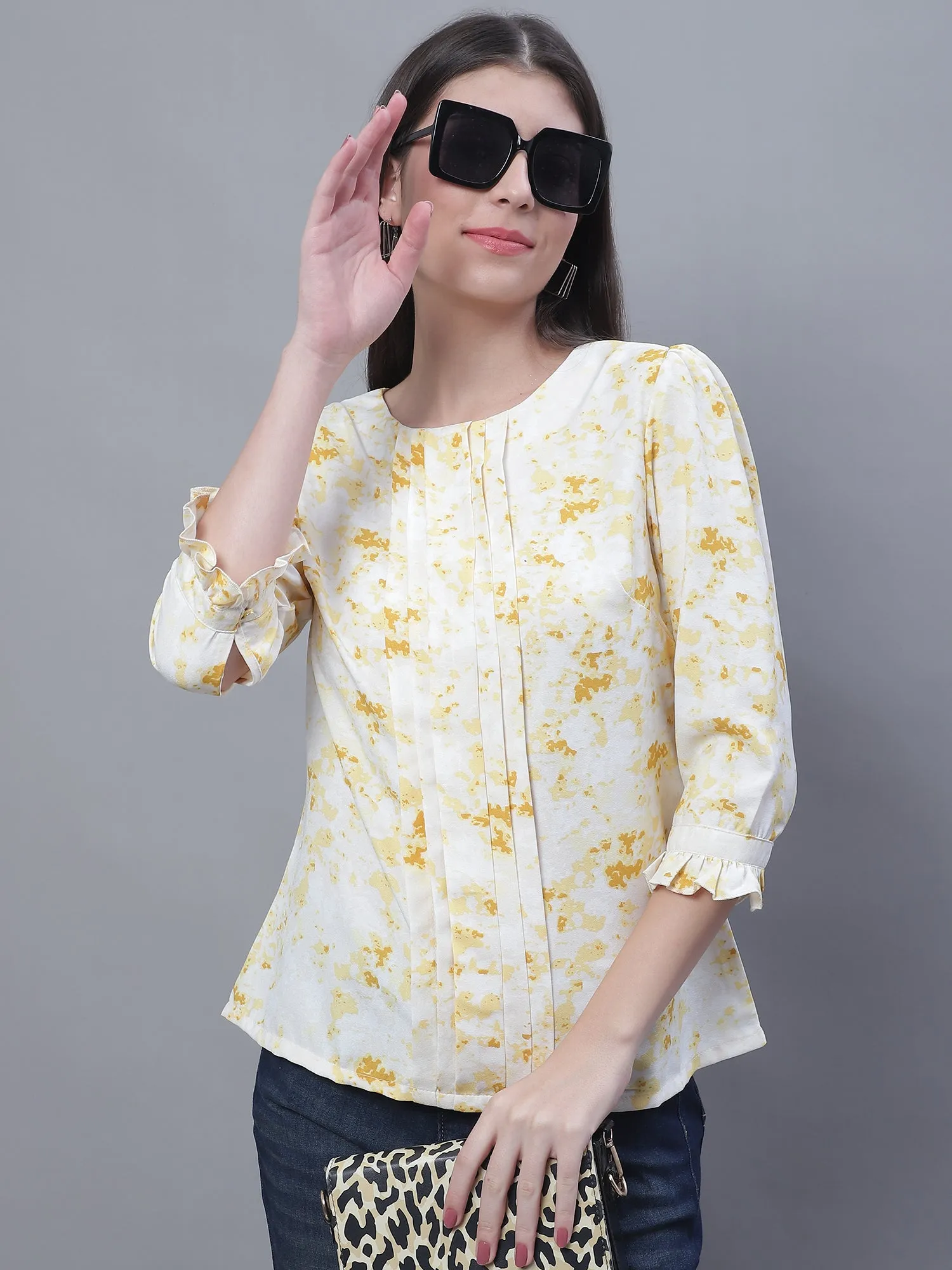 Women's Casual  Yellow Marble Print Round neck Top