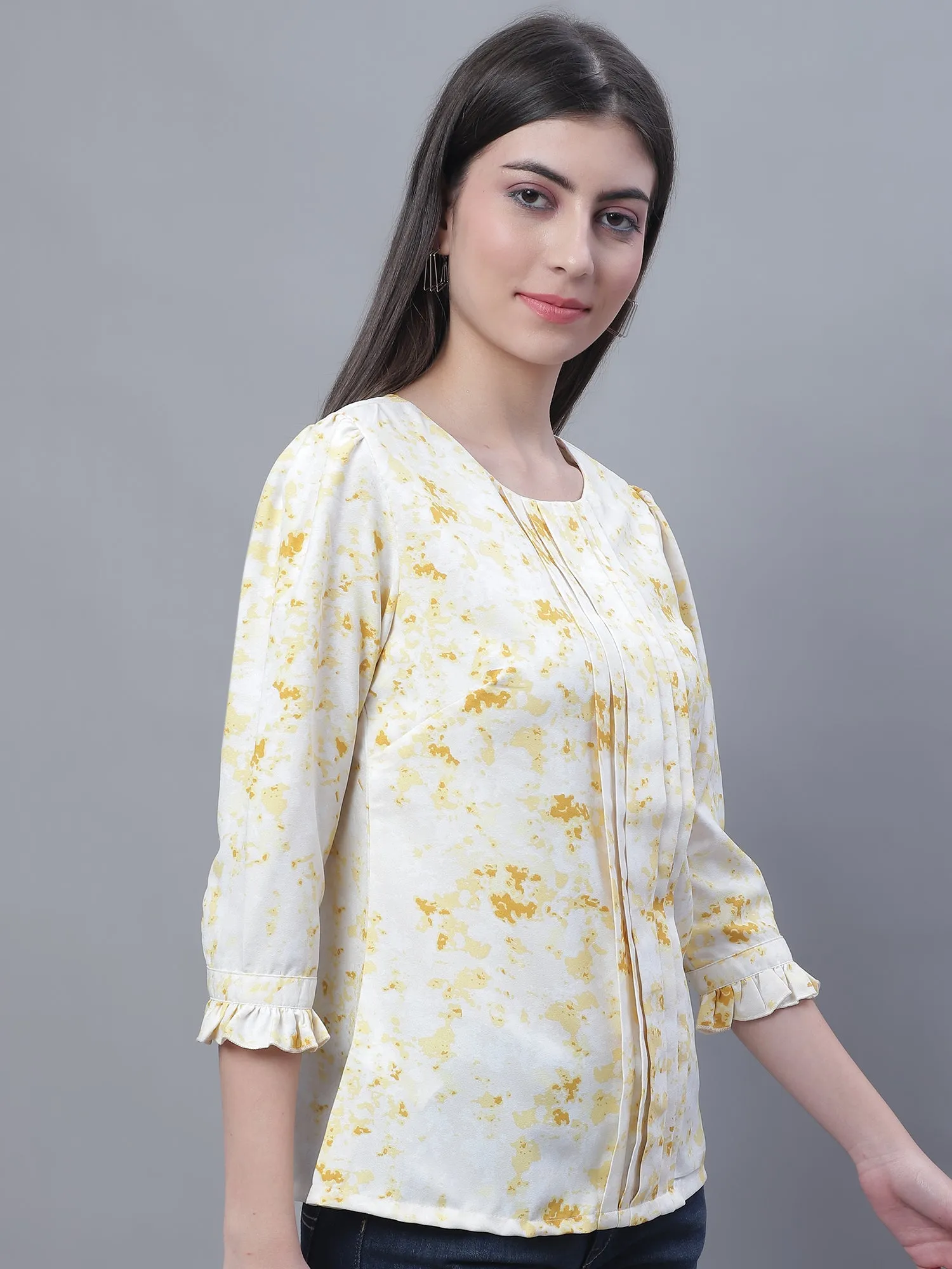 Women's Casual  Yellow Marble Print Round neck Top