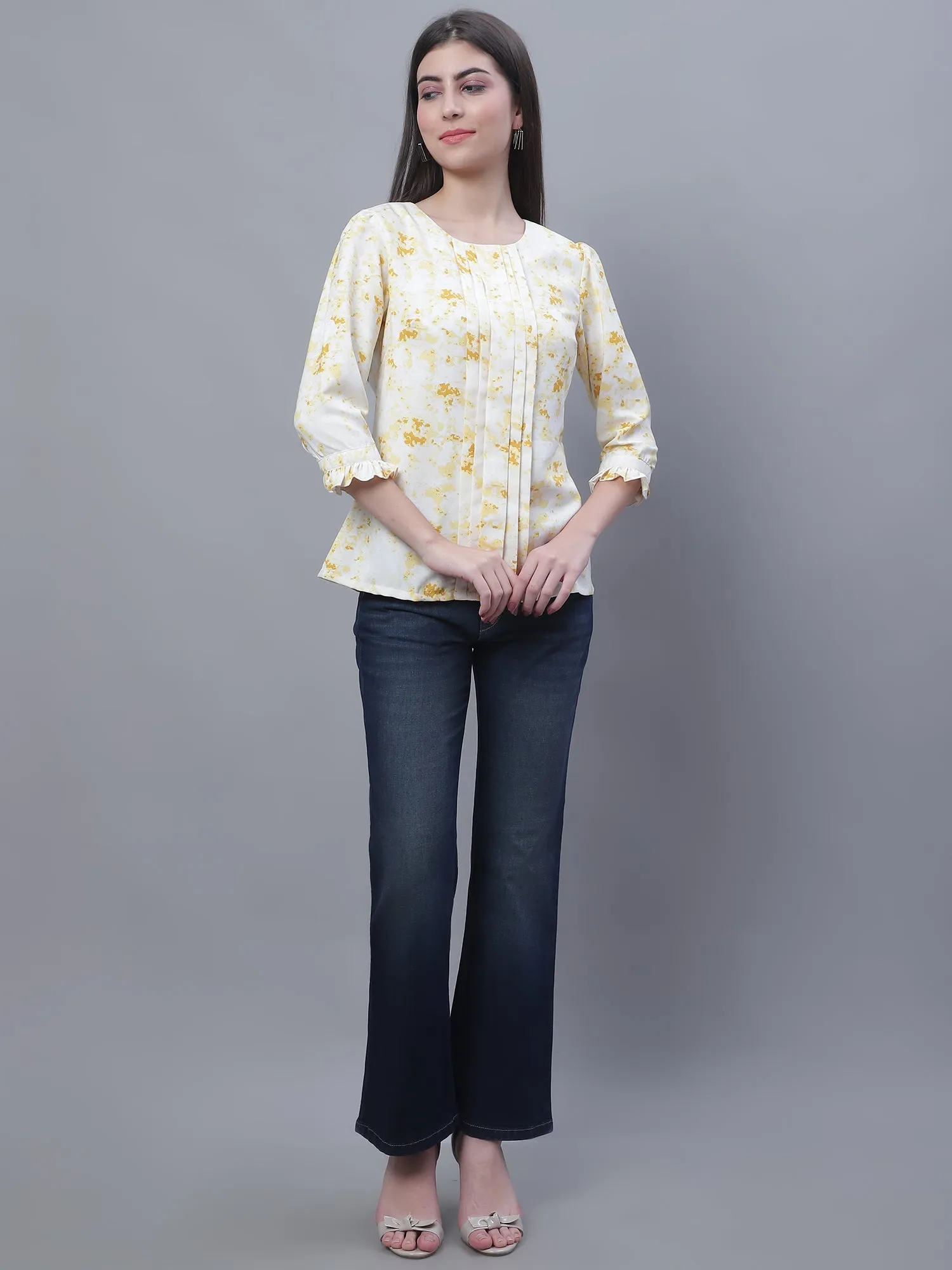 Women's Casual  Yellow Marble Print Round neck Top