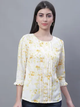 Women's Casual  Yellow Marble Print Round neck Top