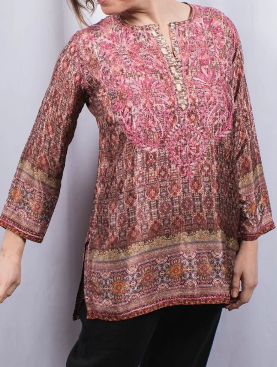 Women's Embroidered Silk Tunic Top in Burgundy