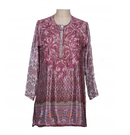 Women's Embroidered Silk Tunic Top in Burgundy