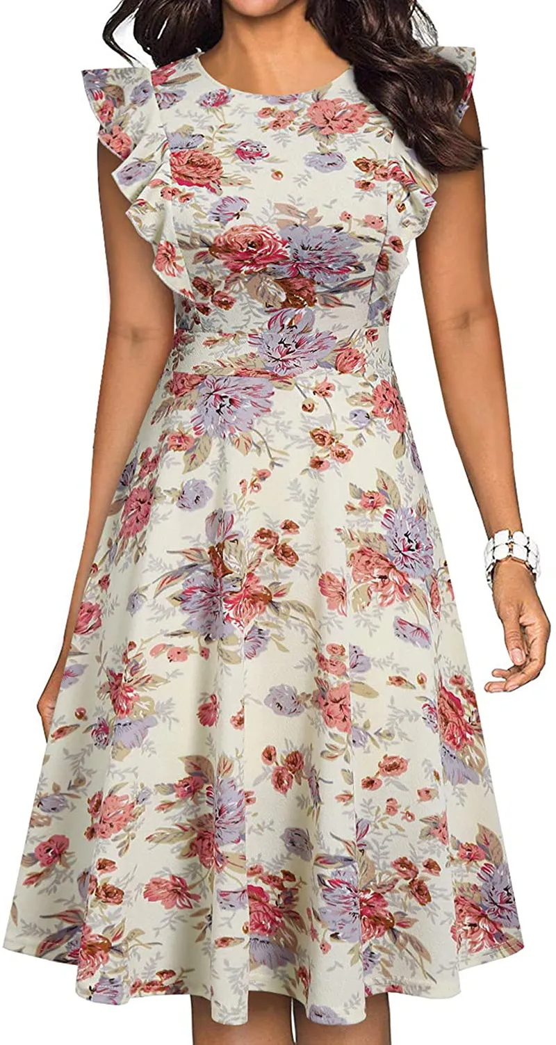 YATHON Women's Vintage Ruffle Floral Flared A Line Swing Casual Cocktail Party Dresses